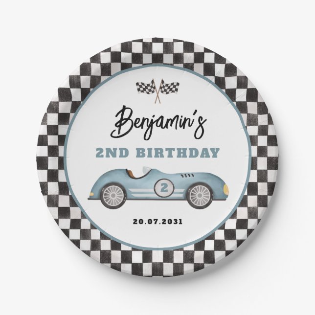 Assiettes En Carton Retro Blue Race Car Deux Fast Boy Anniversaire (Devant)