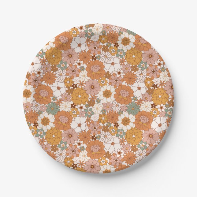 Assiettes En Carton Retro Boho Terracotta Floral Fleur sauvage Automne (Devant)