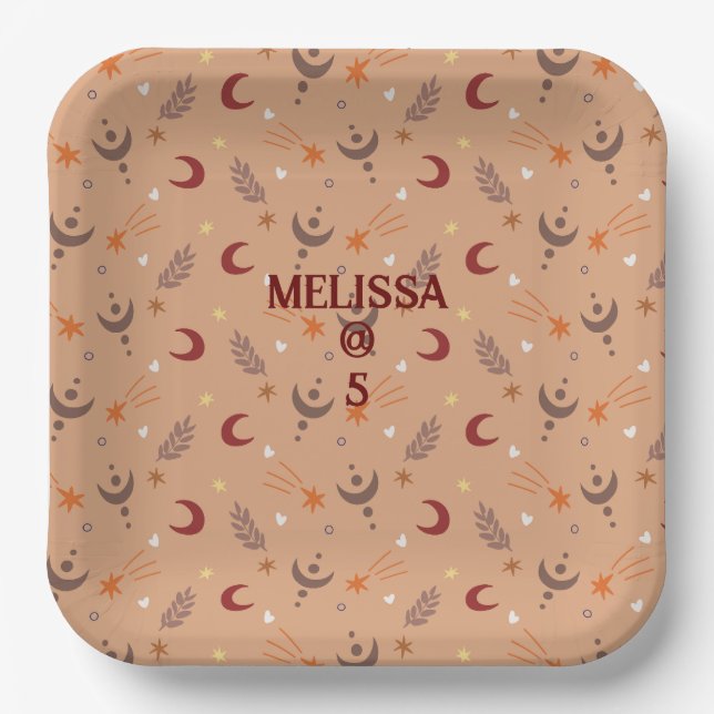 Assiettes En Carton Retro Brown Boho Whimsical Personnalisé Anniversai (Recto)
