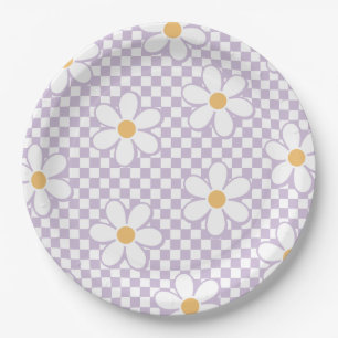 Assiettes En Carton Retro Checker Lilas Daisy anniversaire
