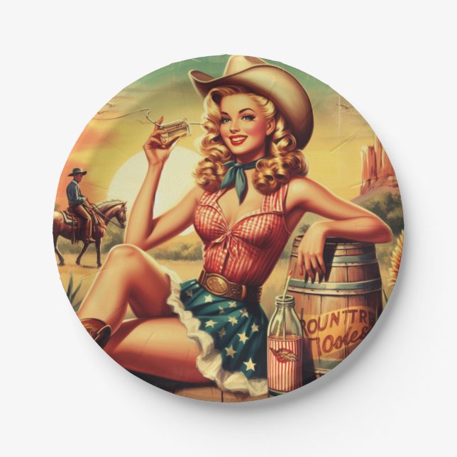 Assiettes En Carton Retro Cute Cowgirl (Devant)
