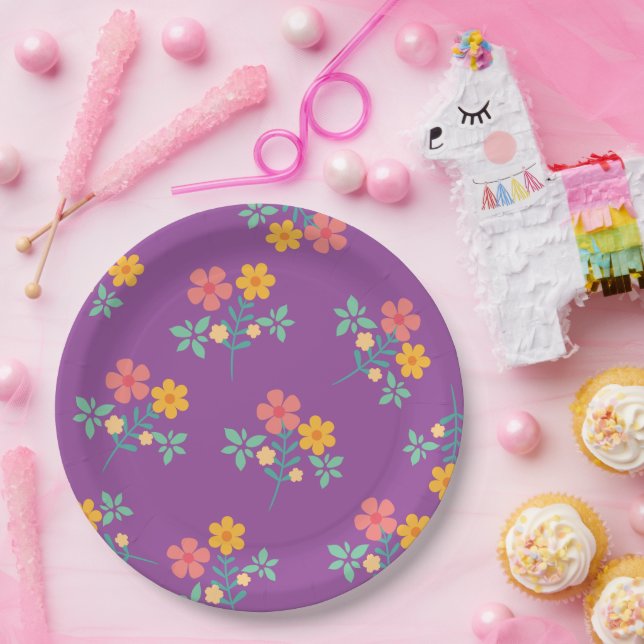 Assiettes En Carton Rétro Cute Daisy Bouquet Motif en violet (Fête)