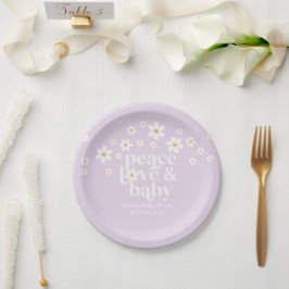Assiettes En Carton Retro Daisy boho Peace Love Baby shower lilas