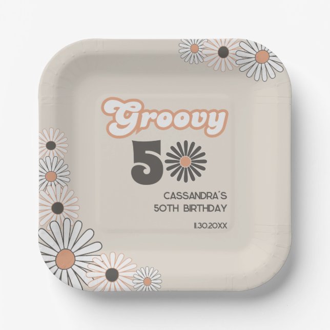 Assiettes En Carton Retro Daisy Boho Terracotta Natural 50th Birthday (Recto)