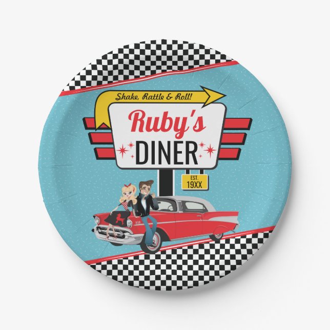 Assiettes En Carton Retro Diner Turquoise 1950, Red Birthday Party (Devant)