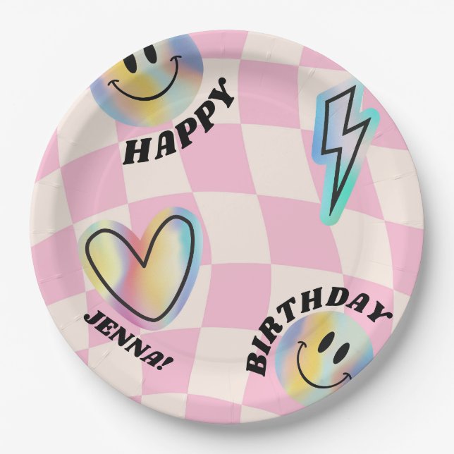 Assiettes En Carton Retro Emoji Souriez Anniversaire Pour Les Filles (Devant)