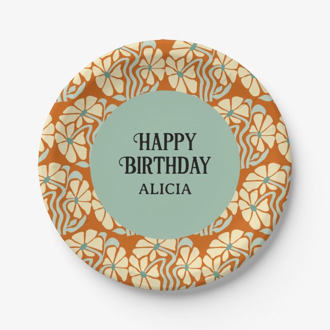 Assiettes En Carton Retro Funky Super Boho Botanical Anniversaire (Devant)
