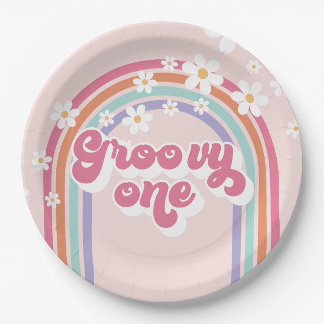 Assiettes En Carton Retro Groovy Un Arc-en-ciel Rose (Devant)