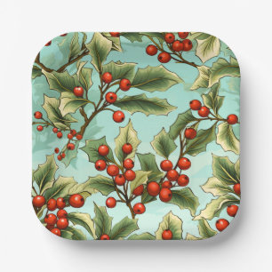 Assiettes En Carton Retro Holly Christmas Small