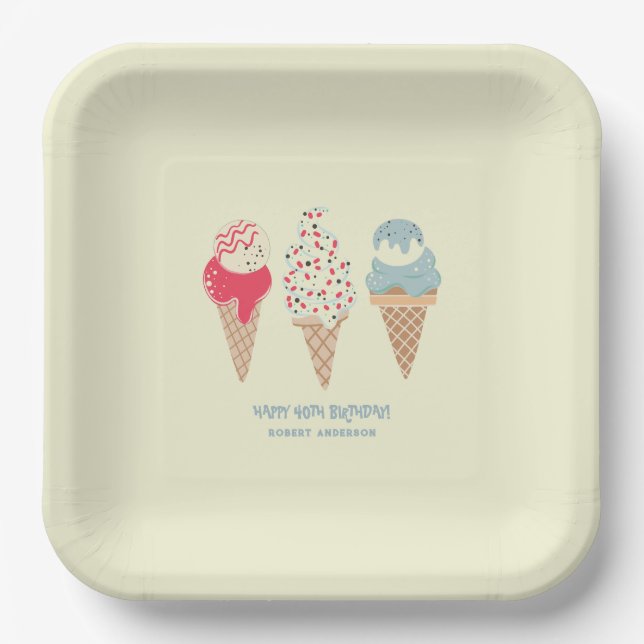 Assiettes En Carton Retro Ice Cream Cone 40e Anniversaire Custom (Recto)