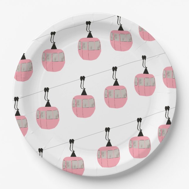 Assiettes En Carton Retro Pink Ski Gondola Skieurs Ascenseur (Devant)