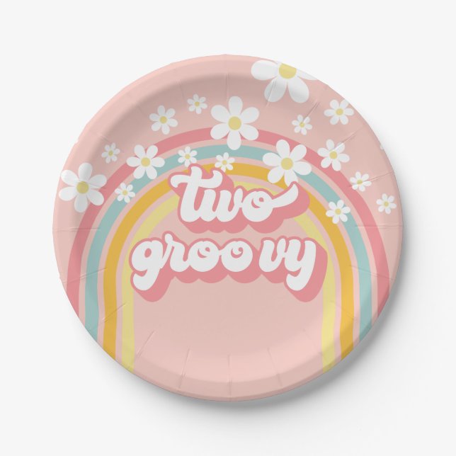 Assiettes En Carton Retro Rainbow Deux Super 2e anniversaire (Devant)