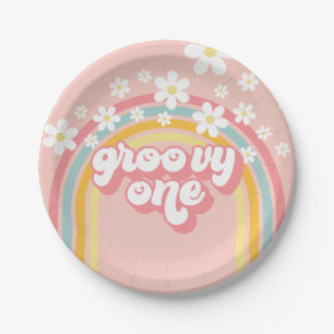 Assiettes En Carton Retro Rainbow Super un 1er anniversaire