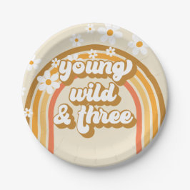 Assiettes En Carton Retro Rainbow Young Wild et trois Anniversaire