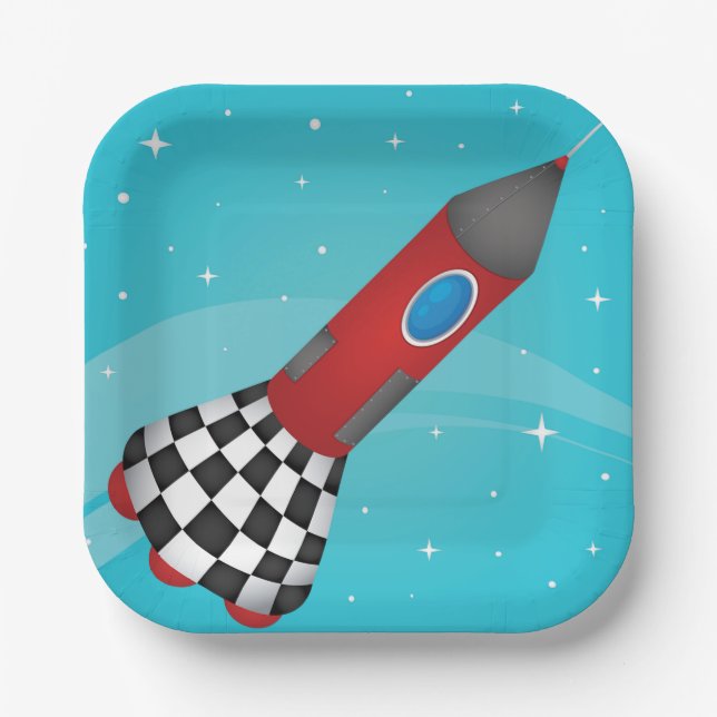 Assiettes En Carton Retro Red Rocket Ship in Space Galactic (Recto)