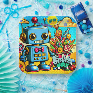 Assiettes En Carton Retro Robot Birthday Boy personnalisable