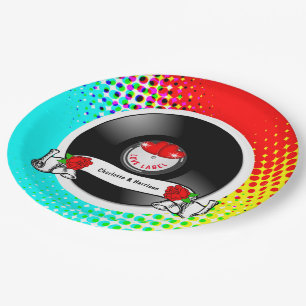 Assiettes En Carton Retro Rockabilly Coeurs & Vinyl Rose Style Record