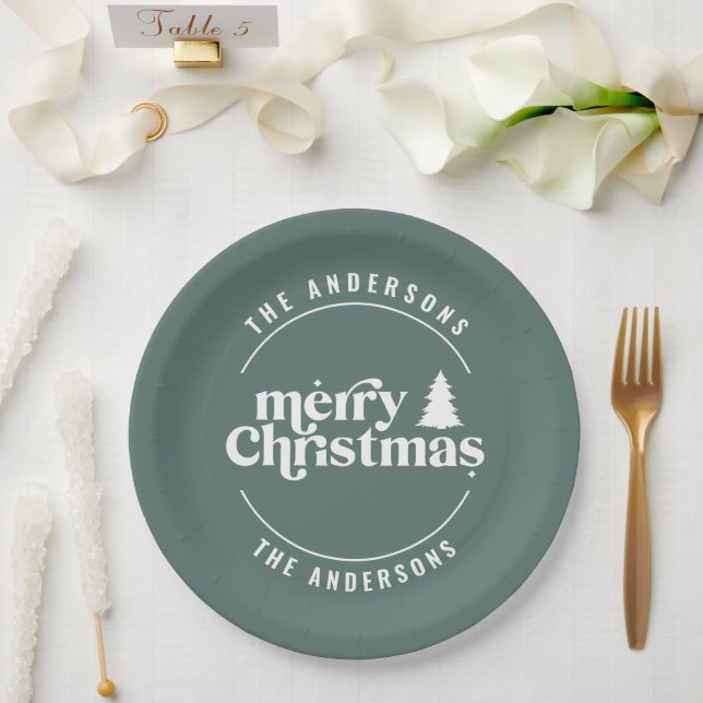 Assiettes En Carton Rétro Sage Vert Noël Moderne Minimal Unique (Mariage)