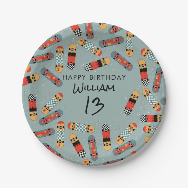 Assiettes En Carton Retro Skateboard Blue Cool Skateboard Anniversaire (Devant)