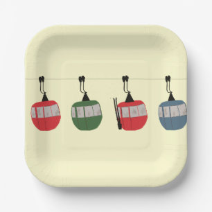 Assiettes En Carton Rétro Ski Gondola Ascenseur Skieurs Creme