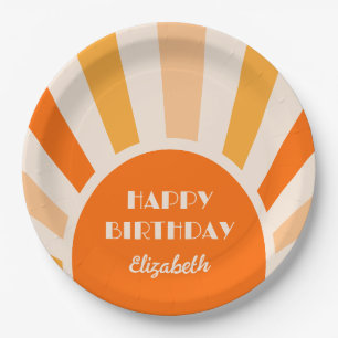 Assiettes En Carton Retro Sunburst Arch Typographie Anniversaire Pêche