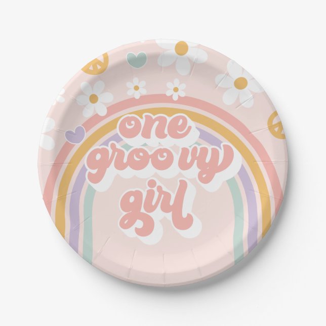 Assiettes En Carton Retro Une Super fille Rainbow Anniversaire (Devant)