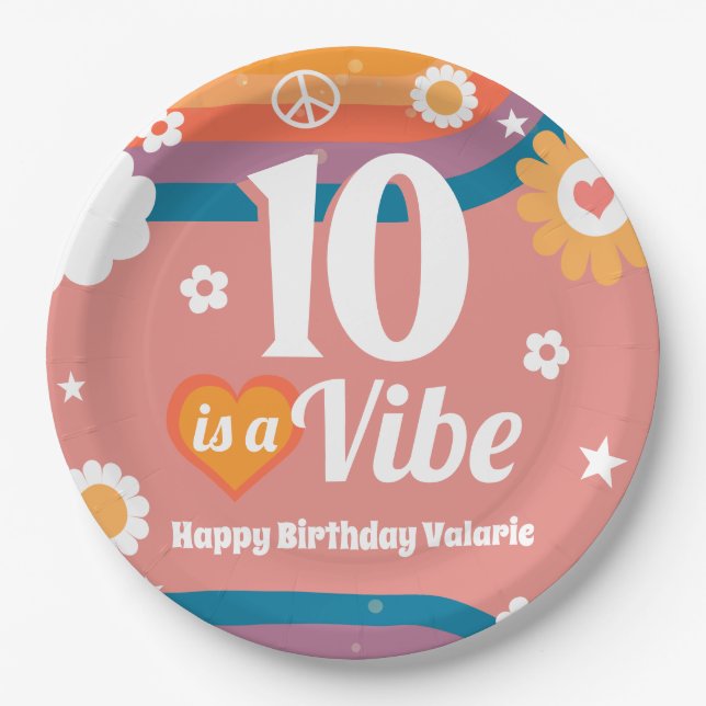 Assiettes En Carton Retro Vibe 10e anniversaire (Devant)