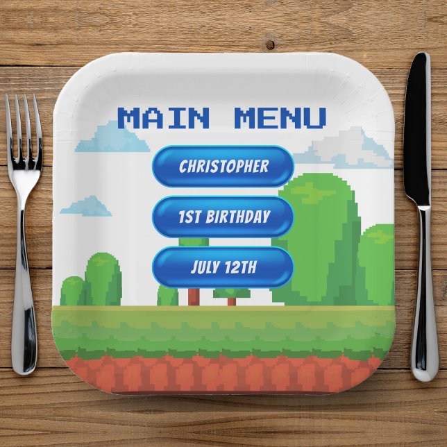 Assiettes En Carton Retro Video Game Menu 1ère fête d'anniversaire (Retro Video Game Menu 1st Birthday Party Paper Plates
)