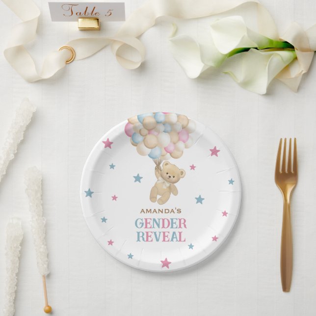 Assiettes En Carton Révélation de genre Ours rose bleu moderne (Mariage)