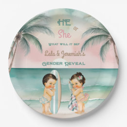 Assiettes En Carton Révélation du sexe de bébé de plage tropicale Blus
