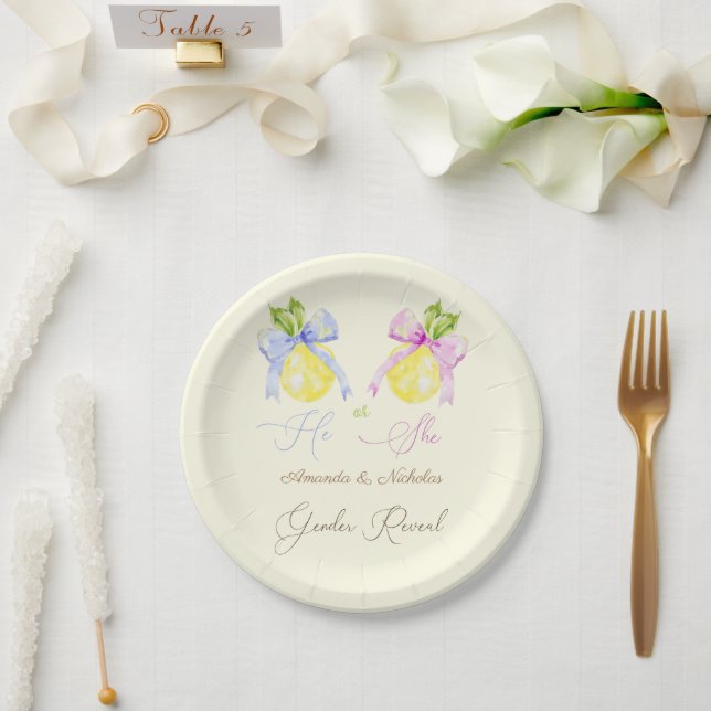 Assiettes En Carton Révéler le genre Citron bleu rose (Mariage)