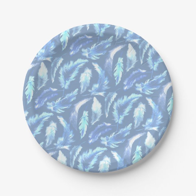 Assiettes En Carton rêves doux - plumes d'aquarelle bleu clair : (Devant)