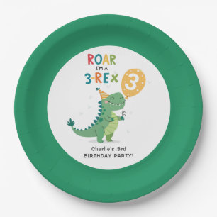 Assiettes En Carton Roar Je suis un 3-Rex Enfants Troisième fête d'ann