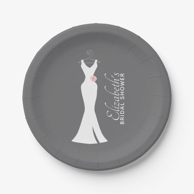 Assiettes En Carton Robe blanche élégante sur gris - Shower de mariage (Devant)