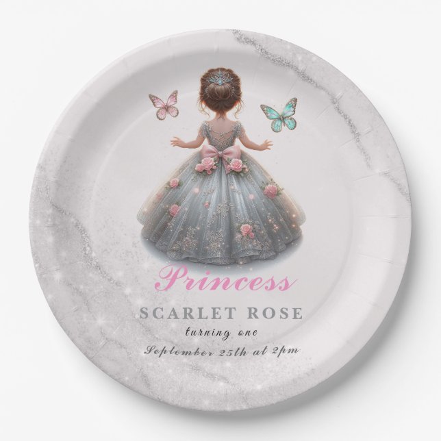 Assiettes En Carton Robe princesse en argent rose Fête d'anniversaire  (Devant)