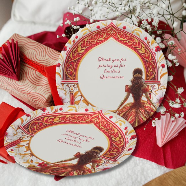 Assiettes En Carton Robe Rouge or Quinceañera personnalisée (Créateur téléchargé)