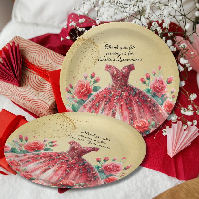 Assiettes En Carton Robe Rouge Quinceañera Roses or personnalisé (Créateur téléchargé)
