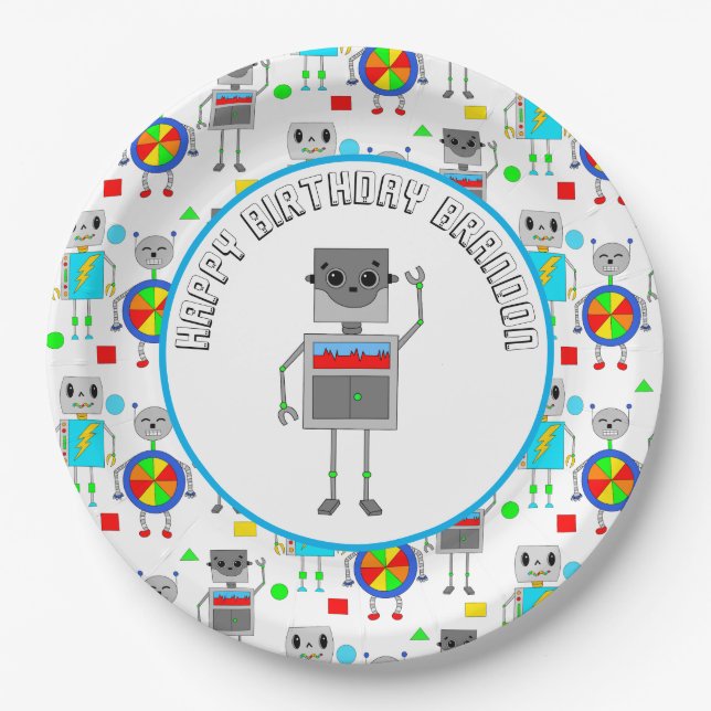 Assiettes En Carton Robot d'anniversaire pour garçon personnalisé (Devant)