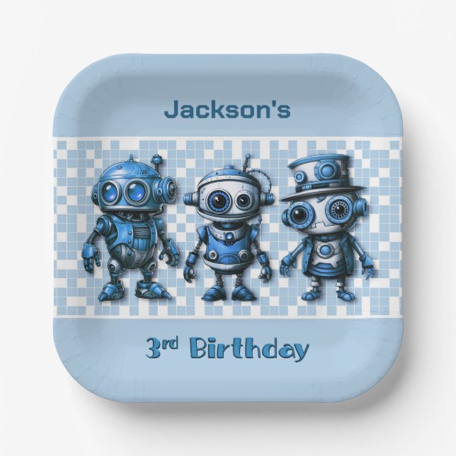 Assiettes En Carton Robot Thème 3ème anniversaire Plaques de fête (Recto)