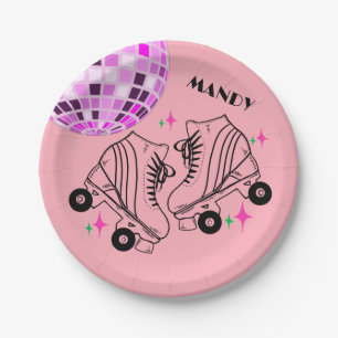 Assiettes En Carton Roller Skates Derby Patinage rose Disco Anniversai
