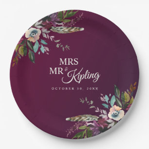 Assiettes En Carton Romantic Bourgogne Floral Mr & Mrs Mariage