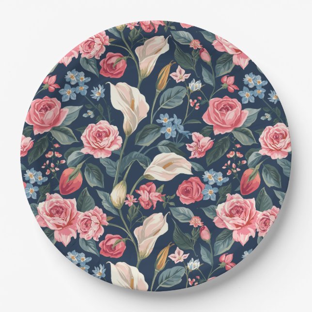 Assiettes En Carton Romantic Navy Blue Floral Garden Pattern (Devant)
