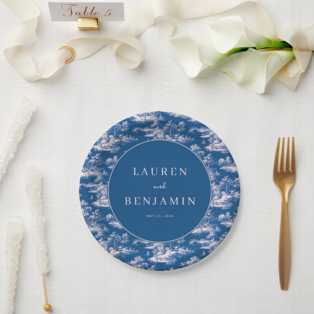 Assiettes En Carton Romantic Navy Illustrative Landscape (Mariage)