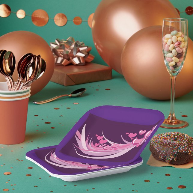 Assiettes En Carton Romantique Abstrait Coeurs Rose Design Sur Violet (Créateur téléchargé)