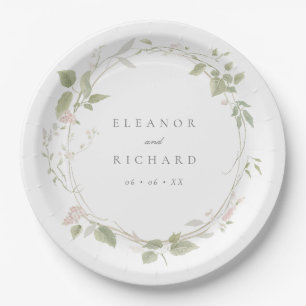 Assiettes En Carton Romantique Blush & Green Floral Wreath Mariage