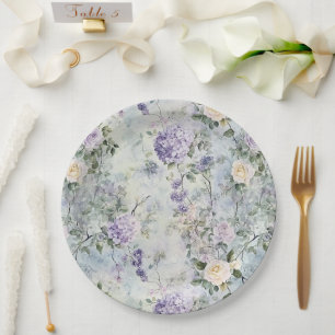 Assiettes En Carton Romantique Crème violet Fleurs Mariage