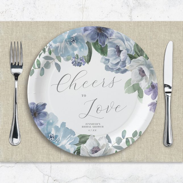 Assiettes En Carton Romantique Dusty Blue Floral Fête des mariées Part (Créateur téléchargé)