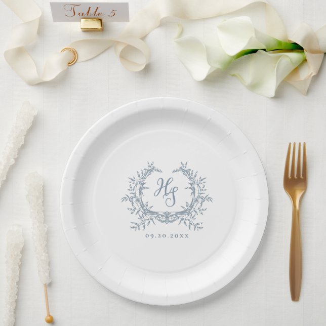 Assiettes En Carton Romantique Dusty Blue Monogram Crest Mariage (Mariage)