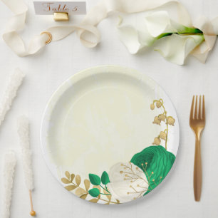 Assiettes En Carton Romantique émeraude vert & fleurs blanches or