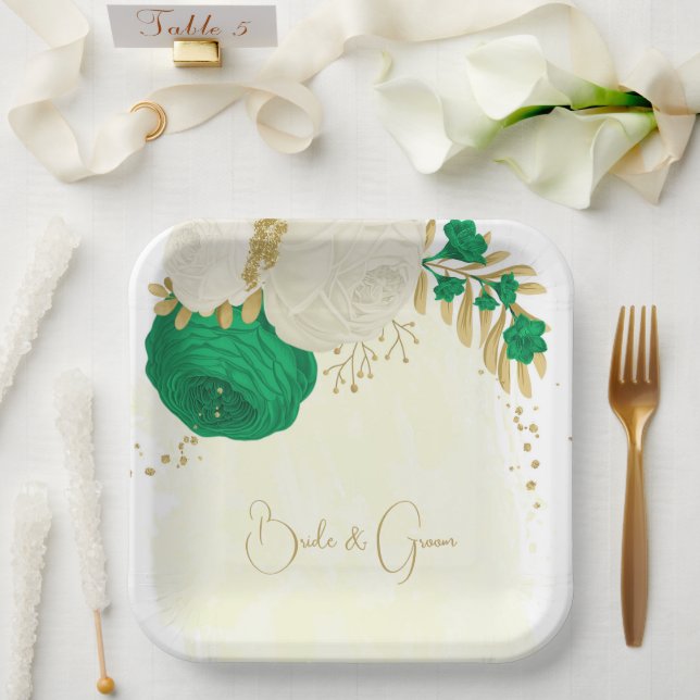 Assiettes En Carton Romantique émeraude vert & fleurs blanches or (Mariage)